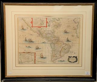 Jan Jansson, Jodocus Hondius  copper engraved hand colored map  America Noviter delineata North and South America with inset 