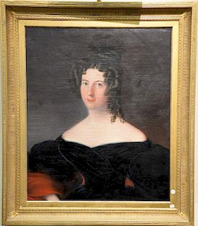 19th century portrait 
oil on canvas 
Young Woman with Navy Blue and Red Dress 
in gilt frame 
30" x 25