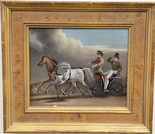 19th century 
pair of oil on tin 
(1) Horsedrawn Carriage with Two Men 
unsigned 
sight size 8" x 6 1/4" 
(2) Man Holding Two