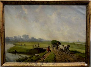19th Century Continental School 
oil on canvas 
Farm Landscape Along Canal with Windmill 
signed lower left illegibly 
22 1/2
