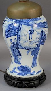 Chinese blue and white porcelain vase made into table lamp, Meiping form with courtyard scene. 
total ht. 26in. 
vase ht. 10i
