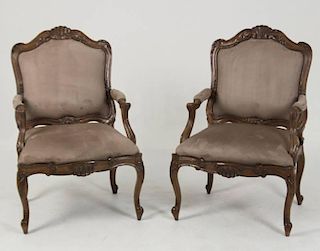 PAIR OF ITALIAN STYLE CARVED WOOD ARM CHAIRS