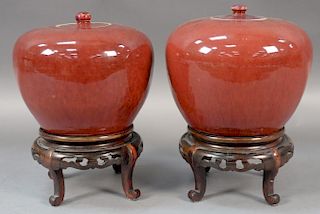 Pair of San de Boeuf ginger jars, oxblood red glazed jars with porcelain covers on stands. 
ht. 7 1/2in., dia. 9in.
