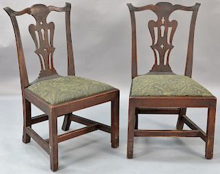 Pair of Chippendale mahogany side chairs with carved ears and pierce carved splat having slip seat set on square legs with H 