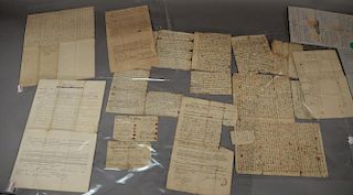 Approximately eight early documents including 1824 W. Titus Adams of Brooklyn Ct estate inventory, land deeds, ledger page, 1
