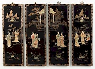 GROUP OF 4 ORIENTAL BLACK LACQUERED HANGING PLAQUES