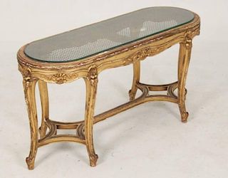 LOUIS XV STYLE GOLD GILT CARVED AND CANED BENCH