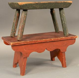 Two primitive stools, one with turned leg in old green paint and red stool with chipped carved edge carved apron on boot jack