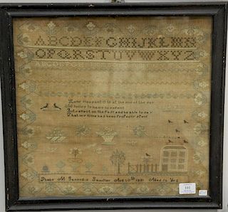 Early 19th century sampler, Phebe M. Ganongs Sampler Aug 10th 1831 Aged 16 yrs, with needlework birds among tree by a house a