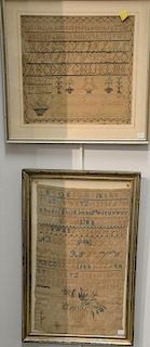 Five framed 19th century school needlework samplers  (1) Jane Bimington aged 11 years 1812, life is but an After-dinner's sle