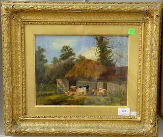 Norah Vernon 
oil on board 
19th century Farm Barn with Cows 
signed lower left: Norah Vernon 
in Victorian gilt frame 
9" x 