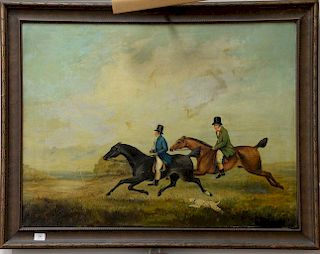 19th Century  oil on canvas  Two Riders on Horses with Dog Foxhunt Scout  unsigned  30" x 40"