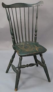 Windsor fanback side chair on bold turned legs, now in old green paint.  ht. 40in., seat ht. 18 1/2in. Provenance:  Estate of