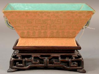 Chinese porcelain footed rectangle dish with handles having seal mark on bottom. 
ht. 3in., wd. 6 1/2in.