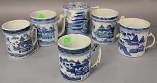 Group of six blue and white porcelain mugs in willow pattern, five Canton and one Staffordshire transfer decorated.  Canton: 