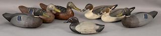 Group of seven carved and paint duck decoys including two pairs of mallard decoys, a pair of decoys marked P.H., and a small 