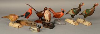Group of eight miniature hand carved and painted bird decoys to include three Albert J. Ditman (1884-1974) "Cardinal Male" on
