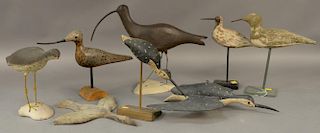 Group of eight carved bird decoy figures, six are shorebird decoys and two are flying bird decoys, one signed Stevens.  Prove