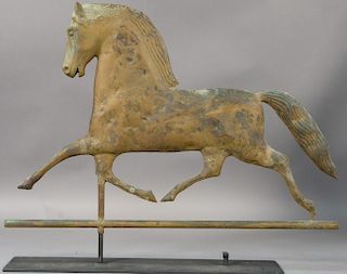 Horse weathervane with zinc head "Black Hawk" on metal stand. 
vane only: ht. 18 1/4in., lg. 26in.