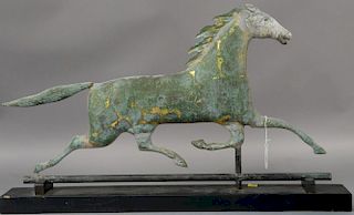 American full bodied copper trotting horse weathervane with zinc head having green patina and some gilt remnance (as is).  lg