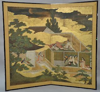 Large painted two panel folding screen depicting Tales of Genji, ink and color on gold leaf paper, courtyard scene with scrol