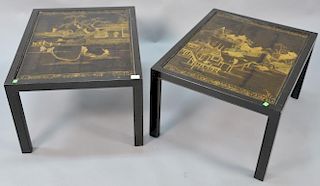Pair of Chinese black lacquered panes made into tables, depicting painted gilt town's edge with figures fishing.  ht. 17 1/4i