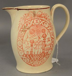 Masonic Liverpool pitcher, painted in red Free Mason symbols on one side and a poem on the opposing side, 19th century. 
(min