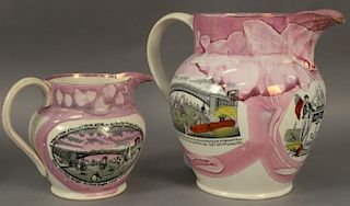Two soft paste copper luster decorated pitchers, each with a view of Cast Iron Bridge at Sunderland (hairline bottom of large