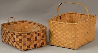 Two rectangular splint Indian baskets, one paint decorated with two handles and one with single handle signed: Made by Joe Kn