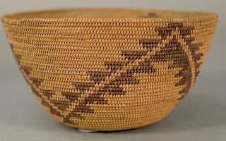 Coiled Indian baskets with geometric designs. 
ht. 3 1/2in., dia. 6 1/4in.