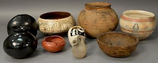 Nine piece lot including burlwood bowl, Indian and Mexican pottery. Provenance:  Estate of Arthur C. Pinto, MD