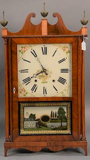 Eli Terry Federal mahogany pillar and scroll clock with wood works. 
ht. 30 1/2in., wd. 16 1/2in.