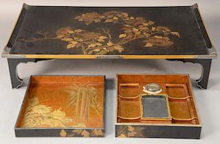 Japanese lacquered writing box (Suzuribako) lacquer decorated with nashiji with (takamakie) raised gold lion and mountains an