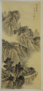 Oriental scroll watercolor on silk of mountainous landscape. 
33" x 13 3/4"