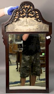 Chinese hardwood mirror having hand painted panel at top. 
ht. 38in., wd. 21in.