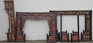 Five 19th century Chinese lacquered carved panels for opium or wedding bed frame, black, red, and gilt decorated with carved 