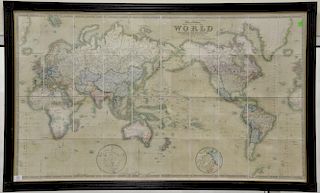 J & C Walker World Folding Map, laid on canvas and framed, "To her most Gracious Majesty, Queen Victoria. This map of the wor