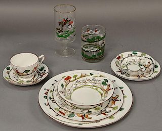 Crown Staffordshire "Hunting Scene" porcelain dinnerware set to include 11 dinners plates 9 salad plates, 8 dessert bowls, 9 