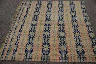 Woven coverlet, blue, pink, green, and white with repeating bird border, signed Andre Kump Hanover 1838 B. Eckert (faded).  7
