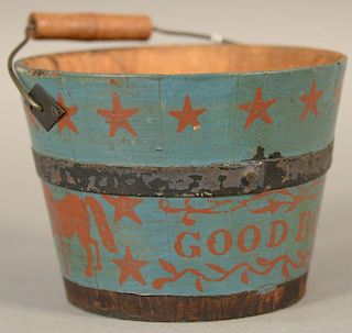 Miniature Good Boy Bucket (American, 19th Century), decorated wood stave construction bucket with one metal band and one miss
