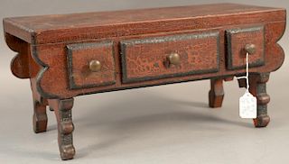 Federal diminutive stand having rectangular top of three drawers on carved legs and ends, in old red and black paint.  ht. 8 
