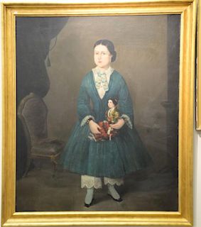 19th century full length interior portrait  oil on canvas mounted on board  Girl Holding a Doll  49" x 41"