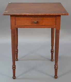 Sheraton one drawer stand in original red paint, circa 1830.  ht. 26in., top: 21" x 24" Provenance:  Estate of Arthur C. Pint