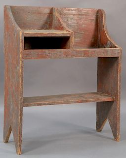 Primitive red and gray painted bucket bench having two tier shelf over large shelf on boot jack ends, original red paint unde