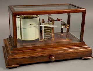 Antique English carved mahogany barograph made by Negretti and zambra, London registration number 2919, the instrument encase