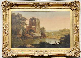 Attributed to Richard Wilson (1714-1782) 
oil on canvas 
Idyllic Landscape with Ruins 
unsigned 
Michele Setton Fine Art labe