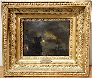 Francis Swaine (1720-1782) 
oil on copper 
Fire, along Coast at Night 
signed bottom center: F. Swaine 
6 1/4" x 8"