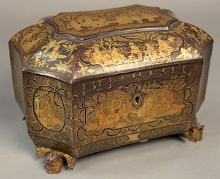 19th century Chinese export gilt lacquered tea caddy box, octagonal form with faceted side, having painted gilt panels of sch