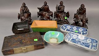 Ten piece group of Asian Items to include set of four carved scholar figures, square bronze censor, lacquered Chinese box, mo