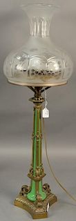 19th century Sinumbra lamp having frosted shade on opaline glass and bronze base. 
total ht. 36in.